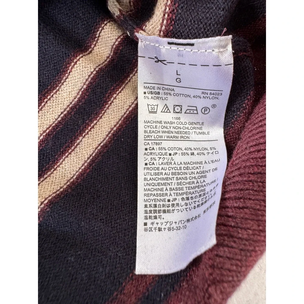 Banana Republic Men's Large Striped Crew Neck Sweater Burgundy Navy Cotton Blend